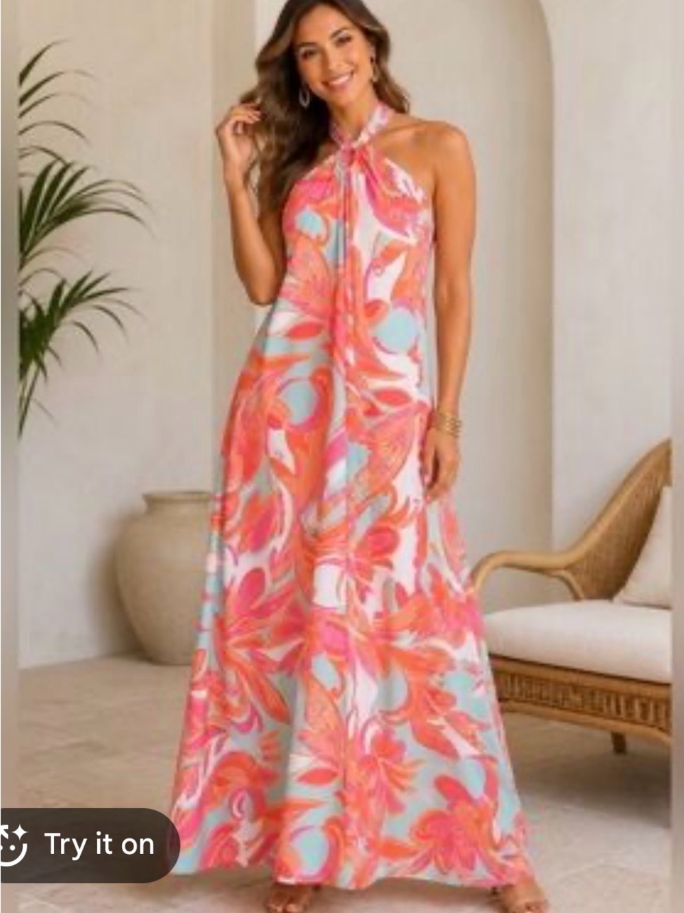 Boston Proper Halter-Neck Floral Maxi Dress in Coral Pink